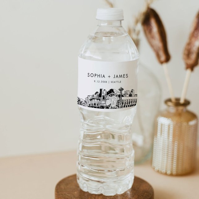Seattle Skyline Wedding Water Bottle Label (Creator Uploaded)