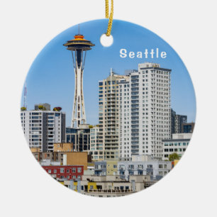 Seattle Skyline with Mt. Rainier over the port, Ceramic Ornament