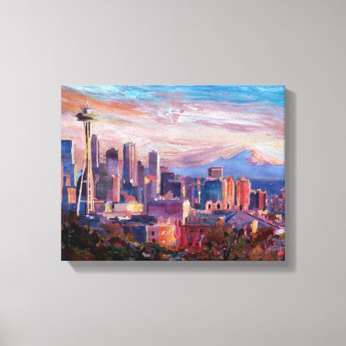 Seattle Skyline With Space Needle And Mt Rainier Canvas Print