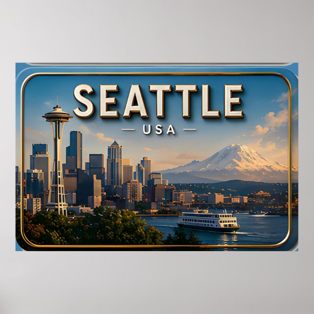Seattle Space Needle and Mount Rainier  Poster (Front)