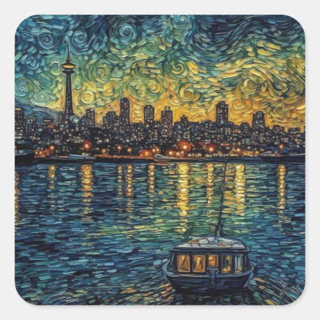 Seattle Starry Night | Bold Impressionist Horizon Square Sticker (Front)