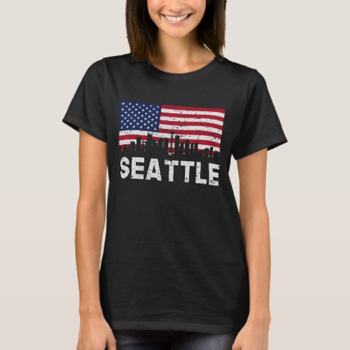 Seattle WA American Flag Skyline Distressed T_Shirt