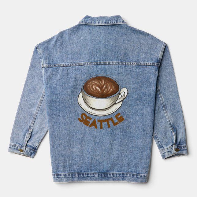Seattle WA Coffee Cup Classic Latte Shop Barista Denim Jacket (Back)
