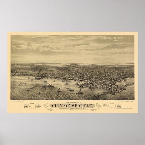 Seattle WA Panoramic Map _ 1878 Poster