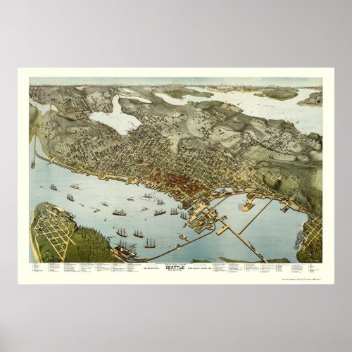 Seattle WA Panoramic Map _ 1891 Poster