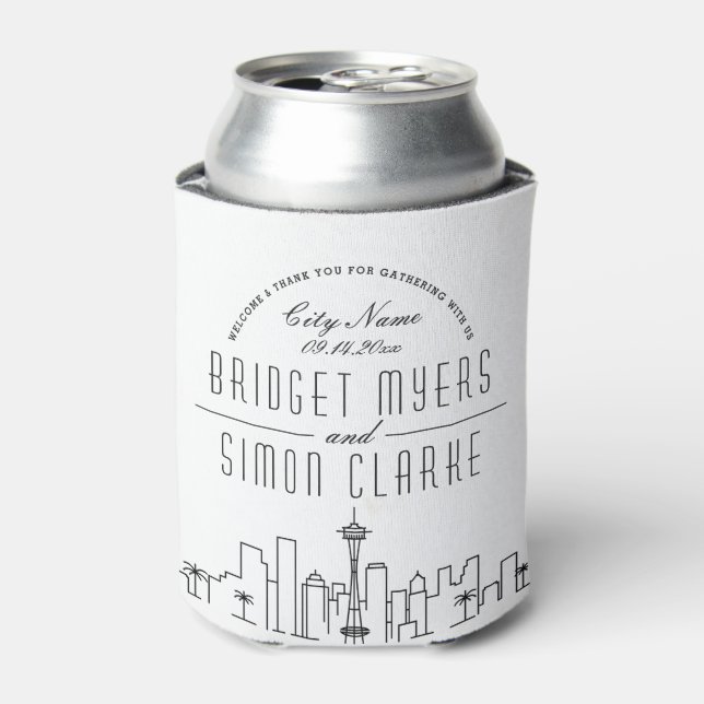 Seattle, WA Stylized Skyline | Wedding Can Cooler (Can Front)