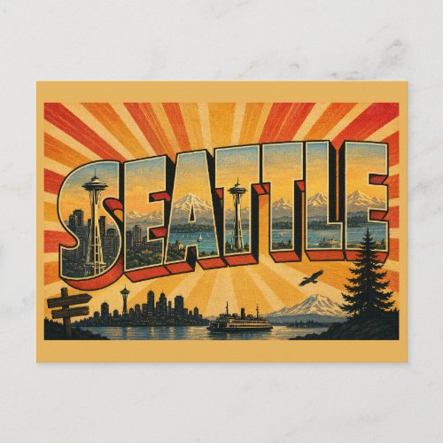 Seattle WA Tower Puget Sound Mountains Art Postcard