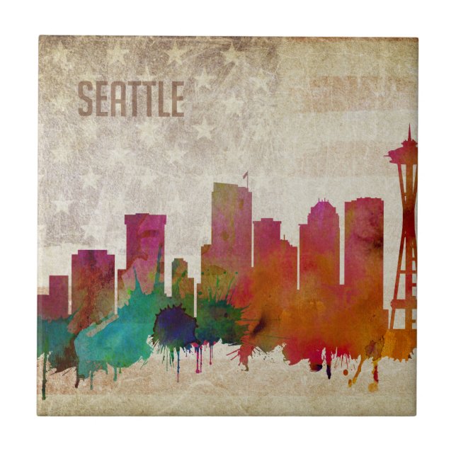 Seattle, WA | Watercolor City Skyline Ceramic Tile (Front)