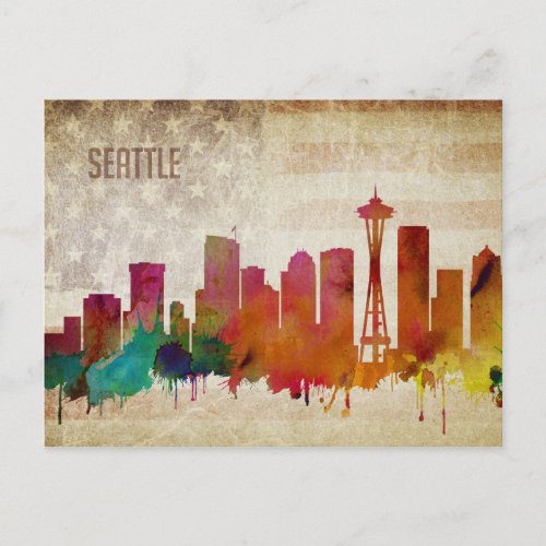 Seattle WA  Watercolor City Skyline Postcard