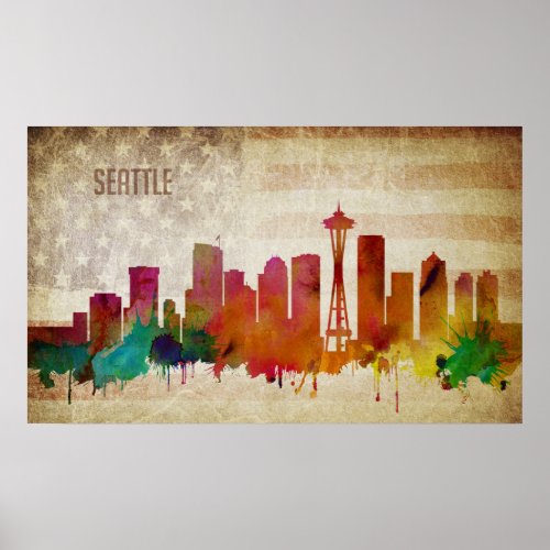 Seattle WA  Watercolor City Skyline Poster