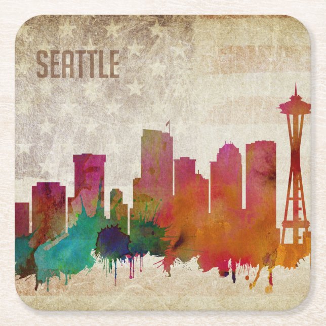 Seattle, WA| Watercolor City Skyline Square Paper Coaster (Front)