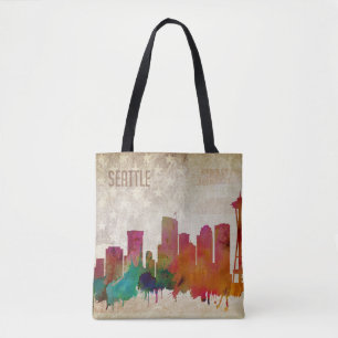 Seattle, WA Watercolor City Skyline Tote Bag