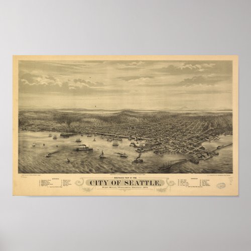 Seattle Washington 1878 Antique Panoramic Map Poster