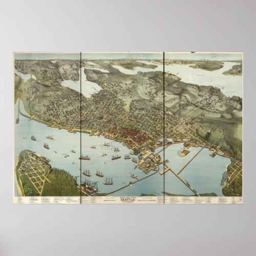 Seattle Washington 1891 Antique Panoramic Map Poster