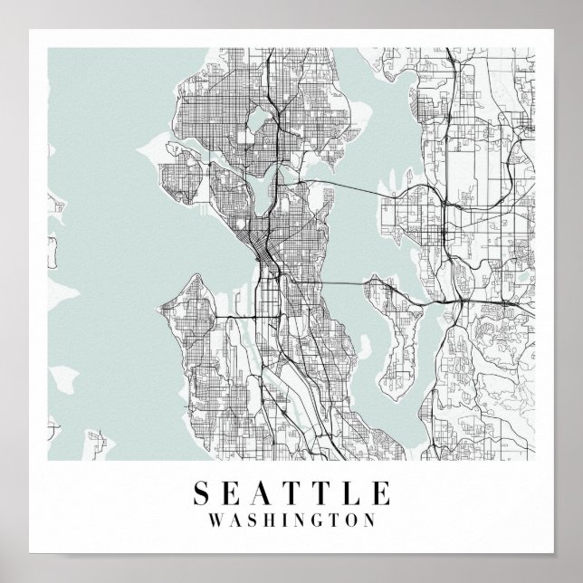 Seattle Washington Blue Water Street Map Poster (Front)