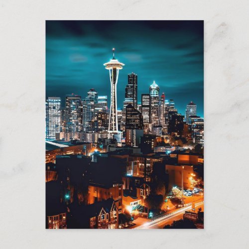 Seattle Washington City Skyline at Night Postcard