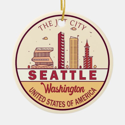 Seattle Washington City Skyline Emblem Ceramic Ornament