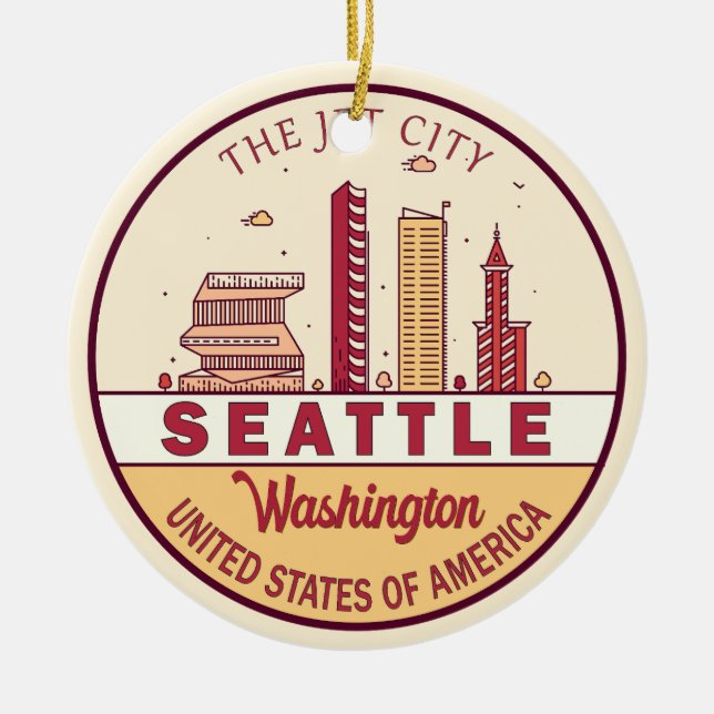 Seattle Washington City Skyline Emblem Ceramic Ornament (Front)