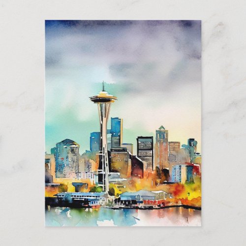 Seattle Washington City Skyline watercolor Postcard