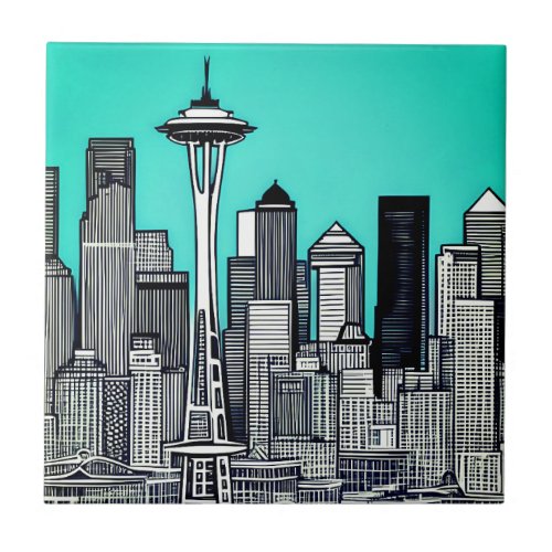 Seattle Washington Cityscape in Black and White   Ceramic Tile