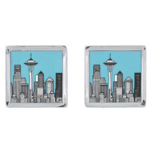 Seattle Washington Cityscape in Black and White   Cufflinks