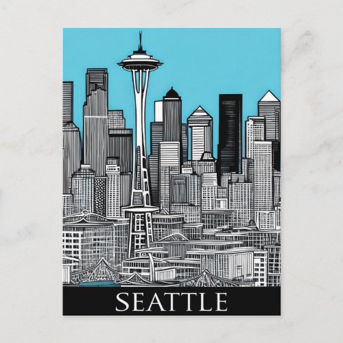 Seattle Washington Cityscape in Black and White  Postcard