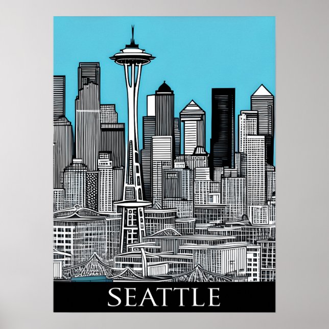 Seattle Washington Cityscape in Black and White Poster (Front)