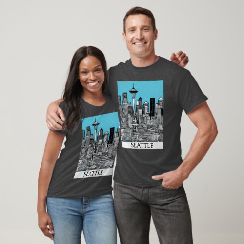 Seattle Washington Cityscape in Black and White T_Shirt