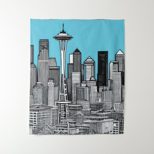 Seattle Washington Cityscape in Black and White Tapestry