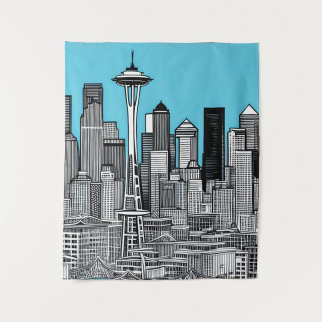 Seattle Washington Cityscape in Black and White Tapestry (Front)