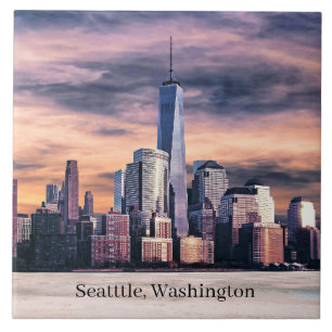 Seattle, Washington Cityscape, Labeled, Ceramic Tile