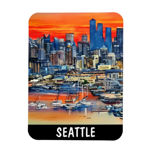 Seattle Washington Cityscape Sunset Magnet (Vertical)