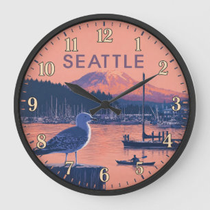 Seattle Washington Harbor Mount Rainier Sunset Large Clock