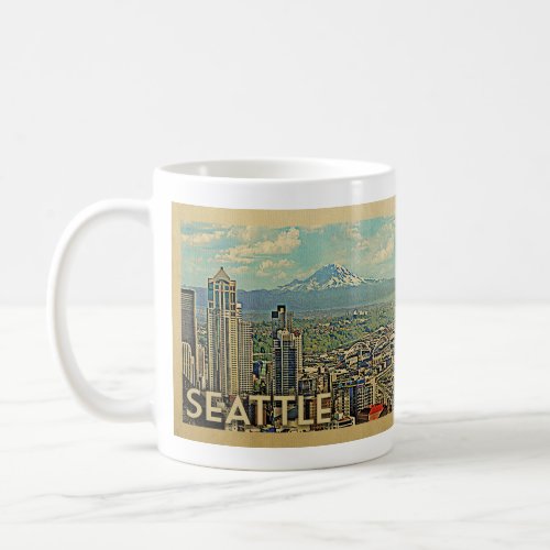 Seattle Washington Rainier Skyline Vintage Travel Coffee Mug