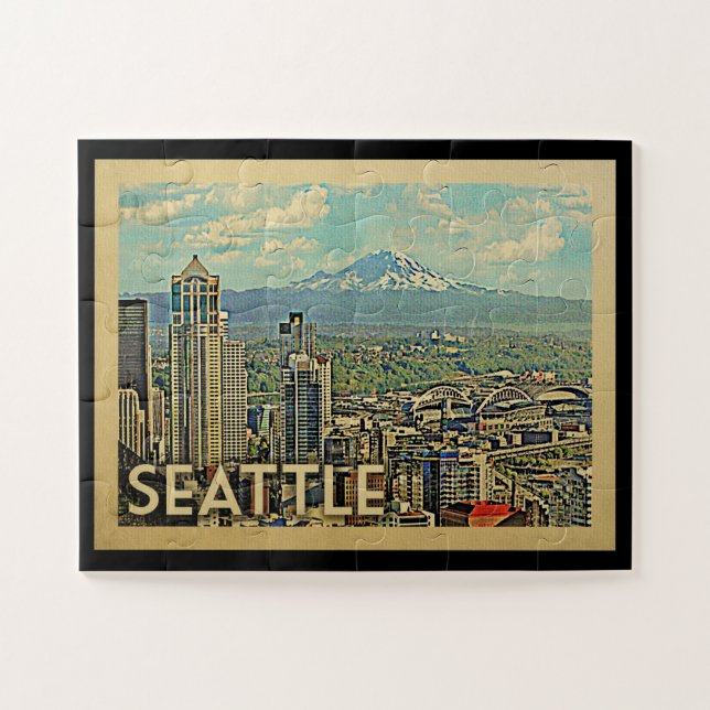 Seattle Washington Rainier Skyline Vintage Travel Jigsaw Puzzle (Horizontal)