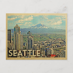 Seattle Washington Rainier Skyline Vintage Travel Postcard