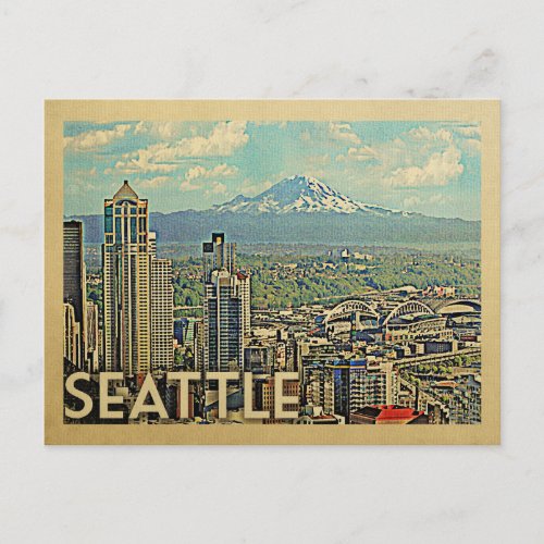 Seattle Washington Rainier Skyline Vintage Travel Postcard