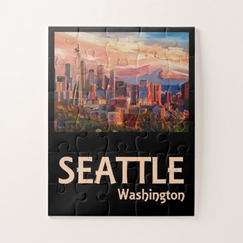 Seattle Washington Retro Travel Poster Jigsaw Puzzle