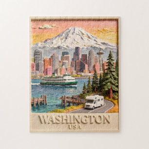 Seattle Washington Road Trip Textured City Skyline Jigsaw Puzzle