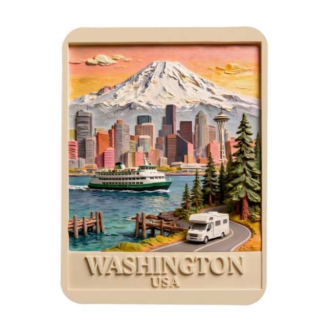 Seattle Washington Road Trip Textured City Skyline Magnet (Vertical)