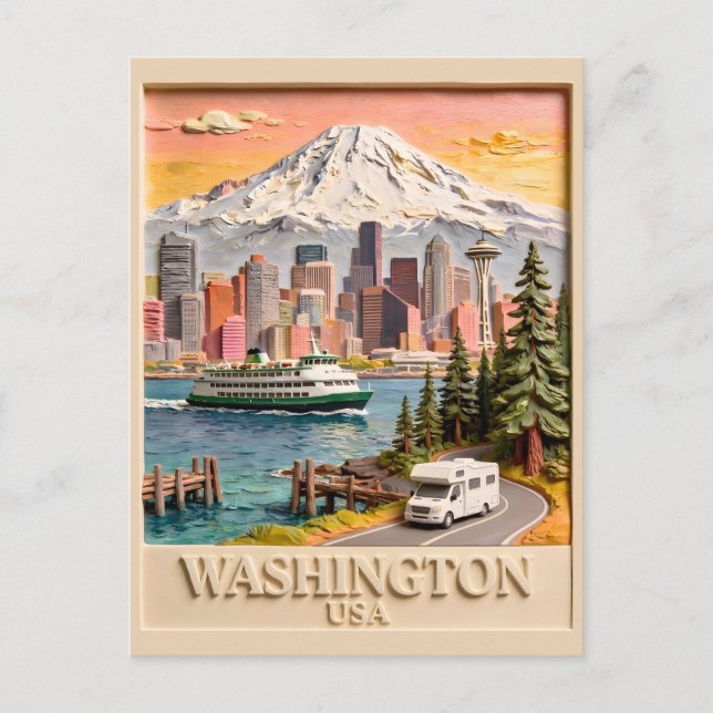 Seattle Washington Road Trip Textured City Skyline Postcard (Front)
