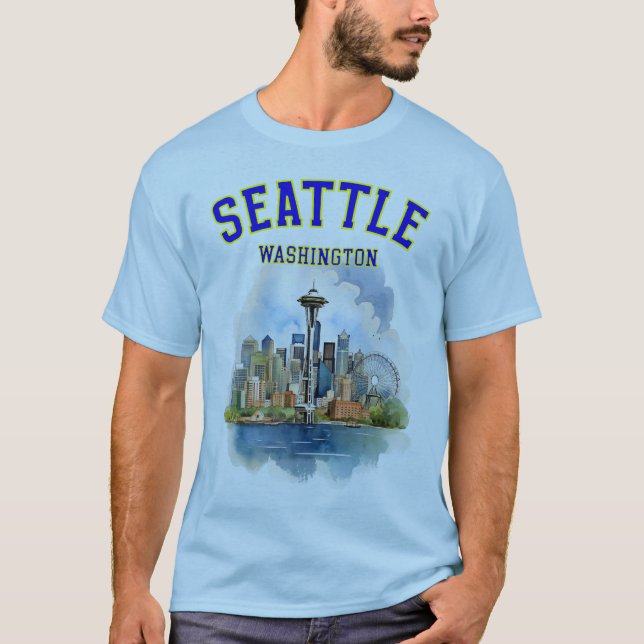 Seattle Washington: Seatle Skyline & Space Needle T-Shirt (Front)