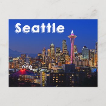 Seattle  Washington Skyline At Night Usa Postcard by merrydestinations at Zazzle