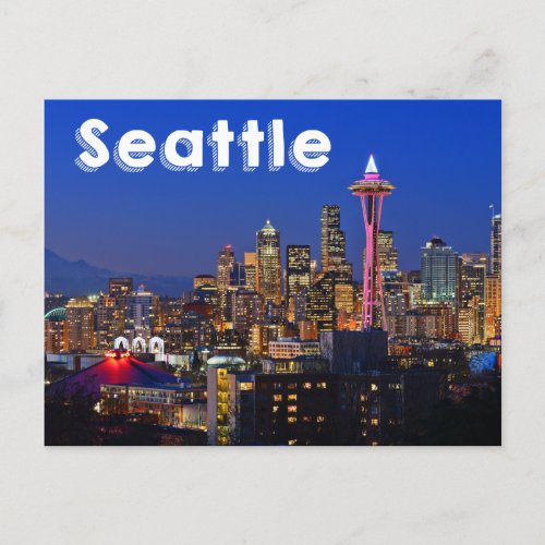 Seattle Washington Skyline At Night USA Postcard