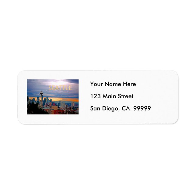 Seattle Washington Skyline at Sunset TEXT SEATTLE Label (Front)
