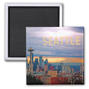 Seattle Washington Skyline at Sunset TEXT SEATTLE Magnet