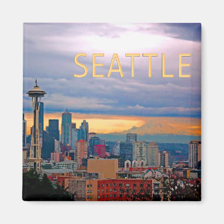 Seattle Washington Skyline at Sunset TEXT SEATTLE Magnet