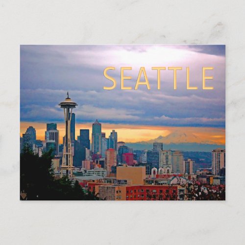 Seattle Washington Skyline at Sunset TEXT SEATTLE Postcard