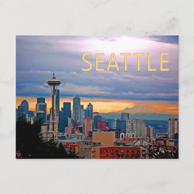 Seattle Washington Skyline at Sunset TEXT SEATTLE Postcard (Front)