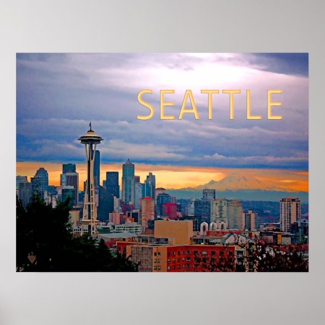 Seattle Washington Skyline at Sunset TEXT SEATTLE Poster (Front)